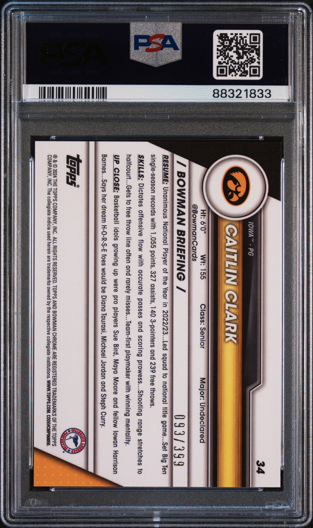 Graded 2023 Topps Bowman U Chrome Caitlin Clark #34 Purple #/399 Rookie RC Basketball Card PSA 10 Gem Mint