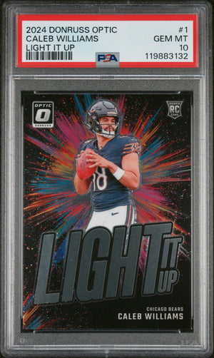 Graded 2024 Panini Donruss Optic Caleb Williams #1 Light It Up Rookie RC Football Card PSA 10 Gem Mint