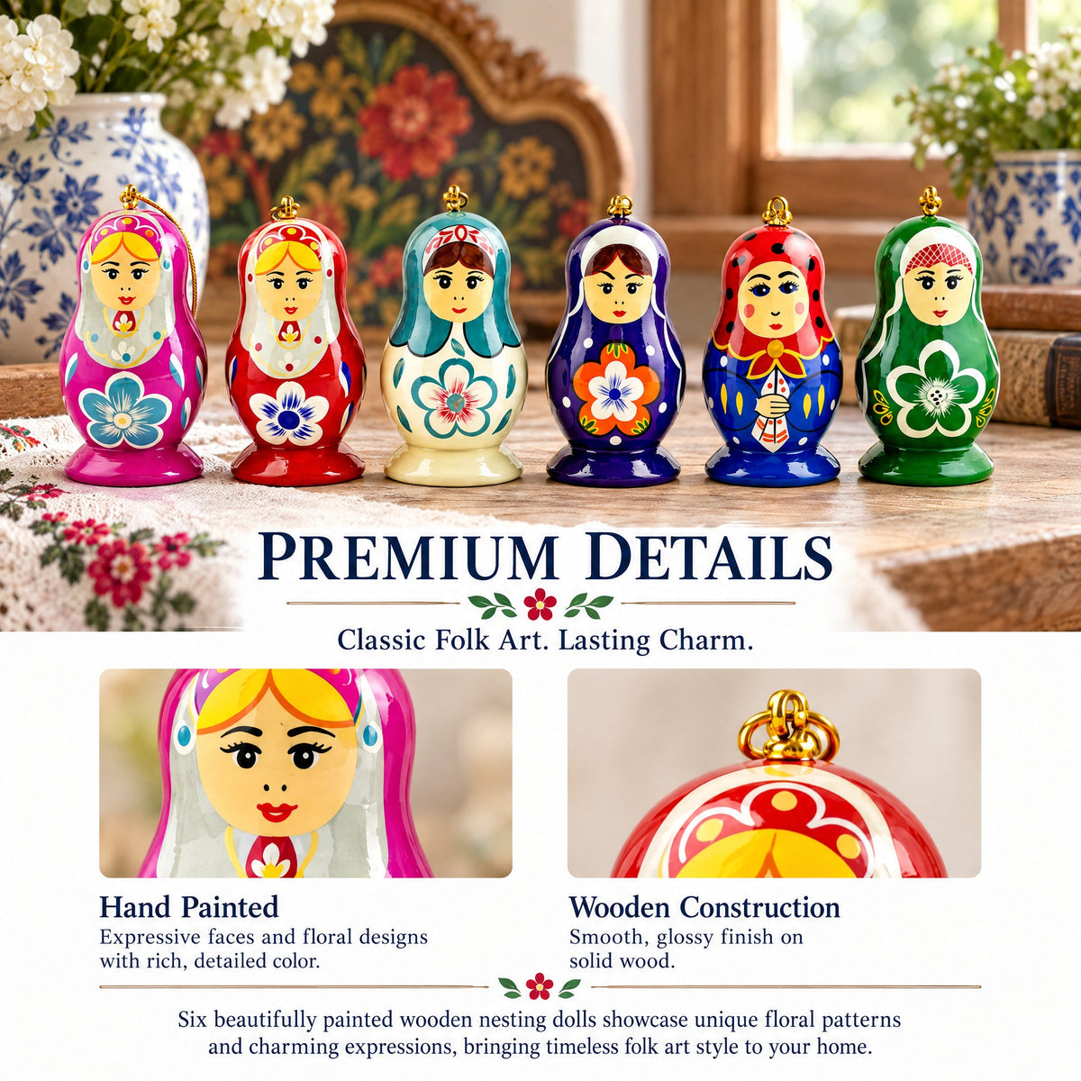 6 Wooden Dolls Christmas Ornaments