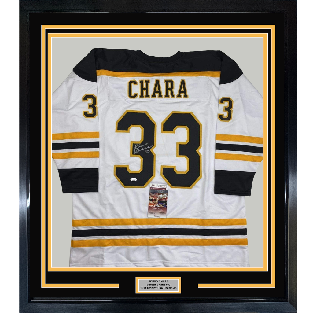 Framed Autographed/Signed Zdeno Chara 35x39 Boston White Hockey Jersey JSA COA