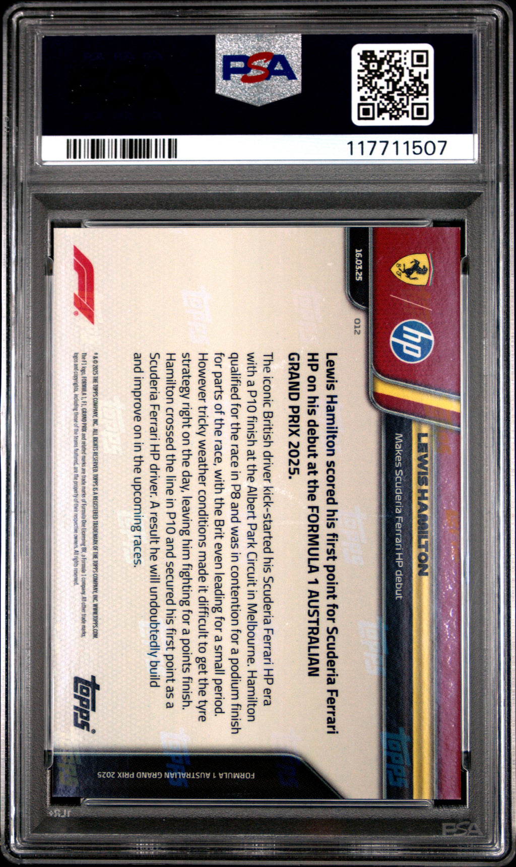 Graded 2025 Topps Now Formula 1 Lewis Hamilton #12 Racing Card PSA 10 Gem Mint