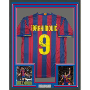 Framed Autographed/Signed Zlatan Ibrahimovic 35x39 FC Barcelona Soccer Jersey Beckett BAS COA