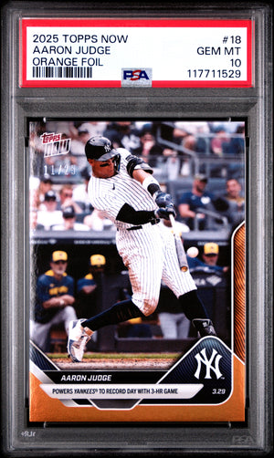 Graded 2025 Topps Now Aaron Judge #18 Orange Foil /25 Baseball Card PSA 10 Gem Mint