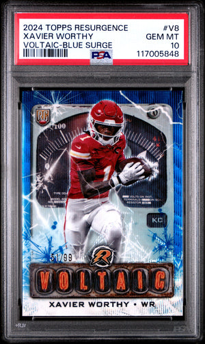 Graded 2024 Topps Resurgence Xavier Worthy #V8 Voltaic Blue Surge /99 Rookie RC Football Card PSA 10 Gem Mint