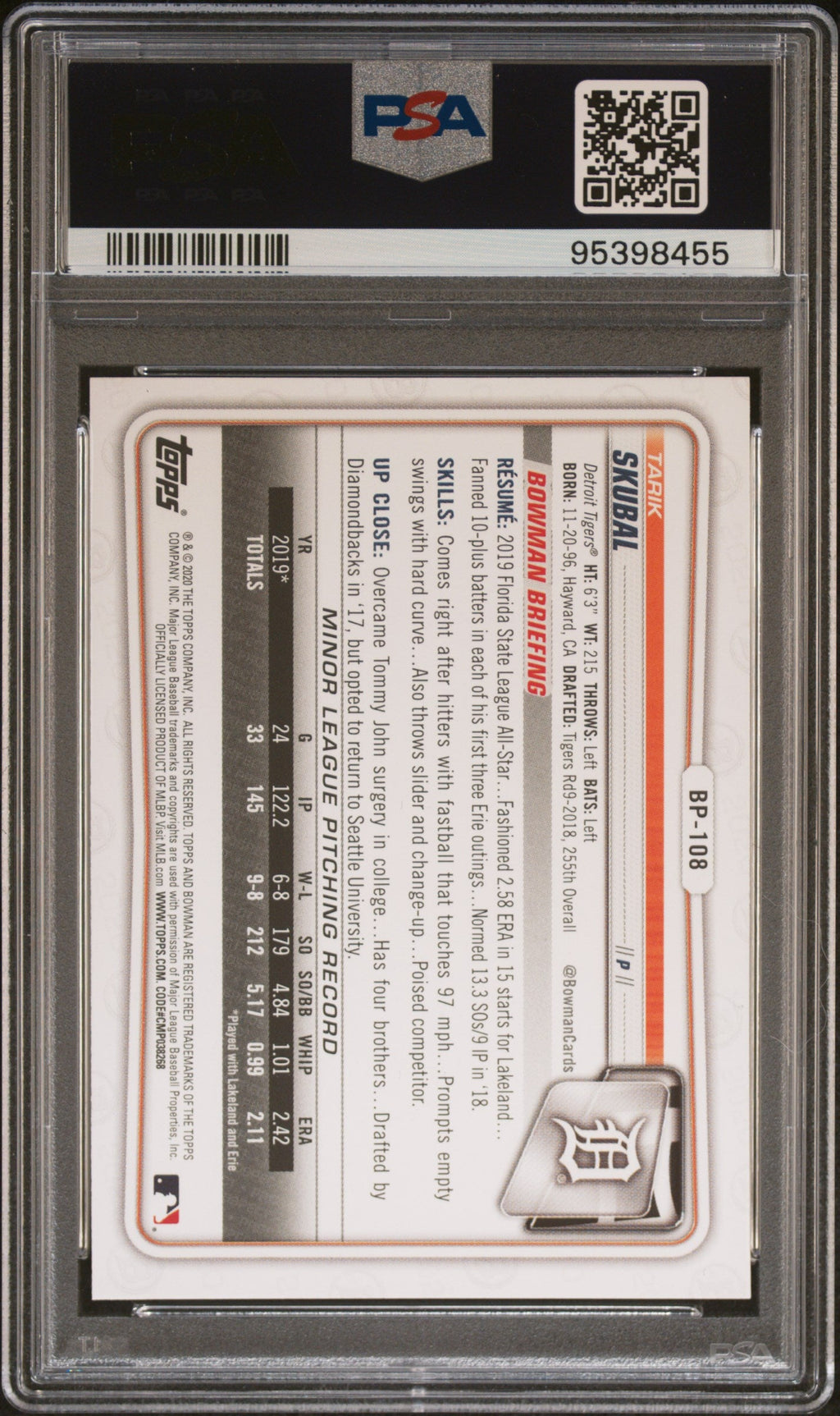 Graded 2020 Topps Bowman Tarik Skubal #BP108 Paper Prospects Rookie RC Baseball Card PSA 10 Gem Mint