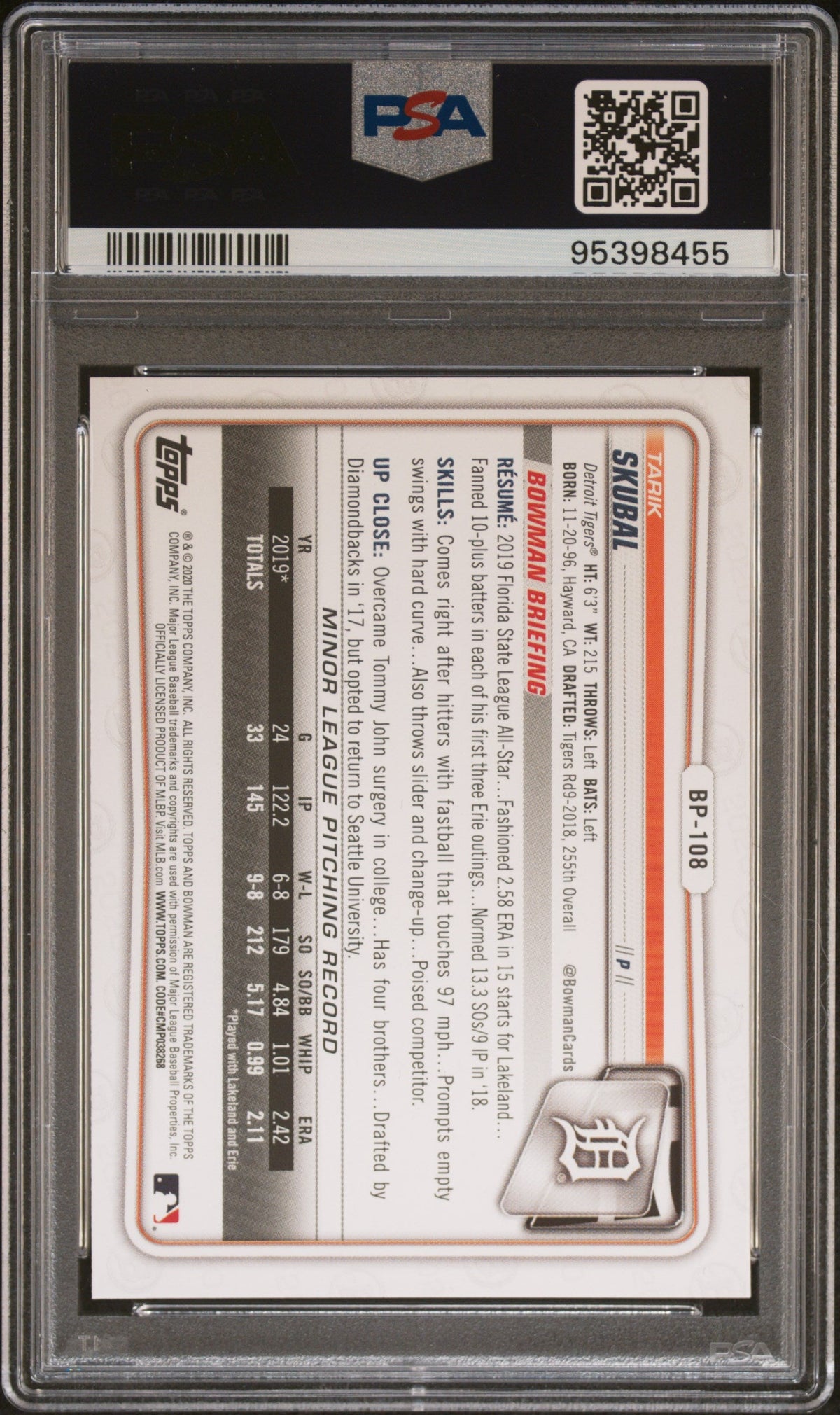 Graded 2020 Topps Bowman Tarik Skubal #BP108 Paper Prospects Rookie RC Baseball Card PSA 10 Gem Mint